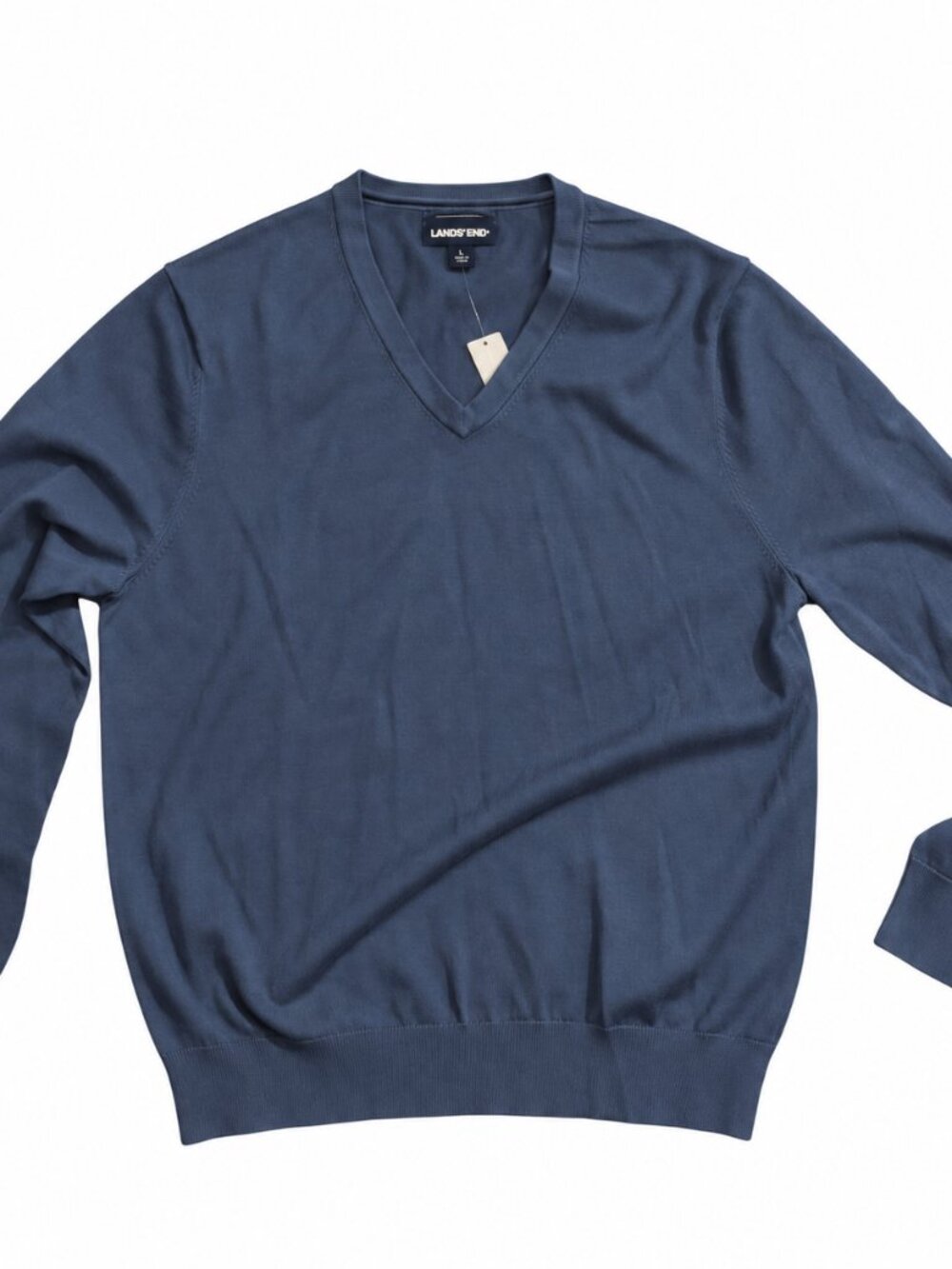 Lands' End Navy Supima cotton V-neck sweater L 42-44 NWOT